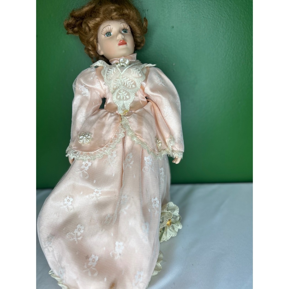 Vintage Porcelain Collector Doll Peach Lace Victorian Dress Auburn Hair Green